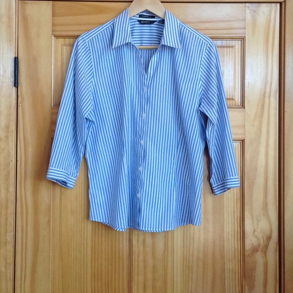 Ed Bauer blue stripe button down shirt, EUC, L
